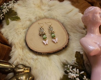 Selenite Gold Rhinestone Frog Pink Acetate Butterfly Earrings | Toad | Cottagecore Jewelry | Springtime | Lily of the Valley