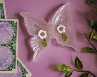 Amethyst, Shell Flower, and Green Glass Leaf Earrings | Cottagecore Jewelry | Fairytale | Garden Inspired | Lolita | Portals