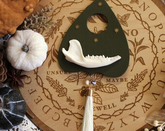 Opossum Jaw Bone Dark Green Planchette Wall Hanging | Ouija | Spirit Board | Oddities | Samhain | Pagan Witch | Atlar Decor