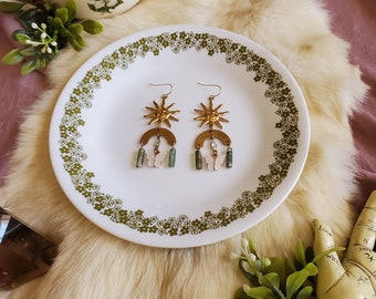 Moss Agate and Clear Zirconia Gold Sun Butterfly Earrings | Goddess Jewelry| Egyptian Revival | Whimsigoth | Talisman | Cottagecore