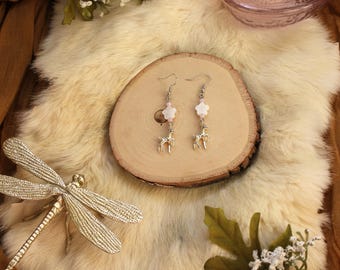 Silver Deer Shell Flower and Pink Glass Bead Earrings | Fawn | Cottagecore Jewelry | Doe | Spring Jewelry | Forestcore