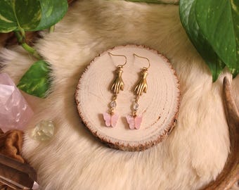 Clear Zirconia and Pink Acetate Butterfly Gold Hand Earrings | Mourning Jewelry | Victorian | Edwardian | Fairycore | Elven