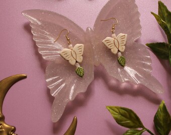 Magnesite Butterfly, Pink Shell, and Czech Glass Leaf Earrings | Ren Faire | Forestcore Jewelry | Woodland | Ethereal | Hobbit