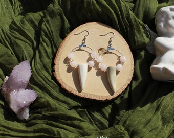 Rose Quartz Deer Antler Tip Silver  Hoop Earrings | Bone Jewelry | Goblincore | Oddities | Steampunk