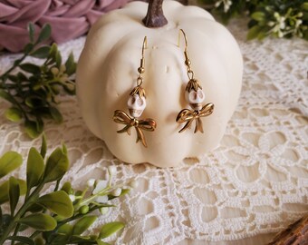 Howlite Skull Gold Bow Earrings | Coquette Halloween | Pastel Goth | Dark Academia | Crystal Skulls