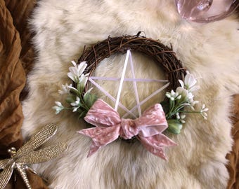 Pink Bow Floral Mini Pentacle Wreath | Witch Altar Decor | Beltane | Spring Equinox | Summer Solstice