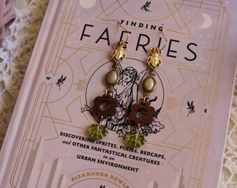 Gold Scarab Beetle, Czech Glass Leaf and Flower Earrings | Insect Jewelry | Entomology | Egyptian Revival | Goblincore