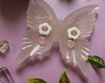 Rose Quartz Heart and Shell Flower Earrings | Cottagecore Jewelry | Fairytale | Garden Inspired | Lolita | Portals