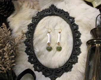 Coyote Toe Bone Green Czech Glass Maple Leaf Earrings | Real Bone | Cottagecore | Nature Inspired | Forest
