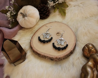 Obsidian Silver Butterfly Hoop Earrings | Whimsigoth | Cottagecore Jewelry | Woodland | Ethereal