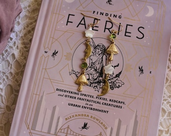 Peridot and Shell Flower Gold Mushroom Moon Asymmetric Earrings | Fairycore | Celestial Jewelry | Garden Gifts | Plant Lady | Mycology