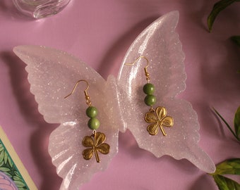 Jade Gold Clover Crystal Shamrock Earrings | Cottagecore Jewelry | Fairytale | Garden Inspired | Lolita | Portals
