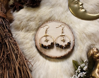 Tiger's Eye Gold Star Crystal Hoop Earrings | Celestial Witch | Whimsigoth | Boho Bridal | Solar Plexus Chakra Stone