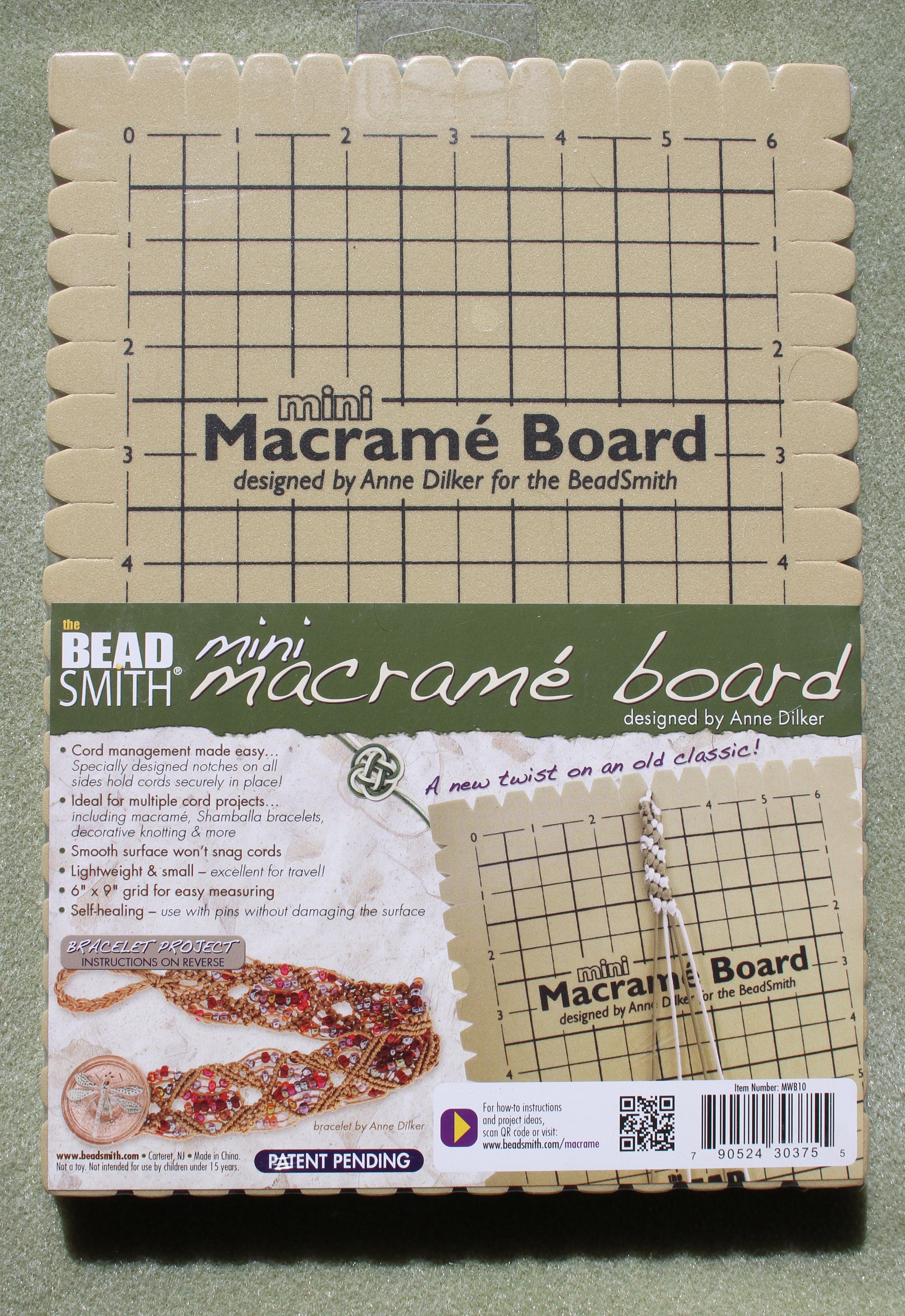 The Beadsmith Mini Macrame Board, 7.5 x 10.5 inches, 0.5-inch-Thick Foam, 6  x 9 Grid for Measuring, Bracelet Project with Instructions Included