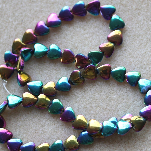 Haematite 8mm Puffy Heart Multi-Coloured Plating, Non Magnetic - Full Strand