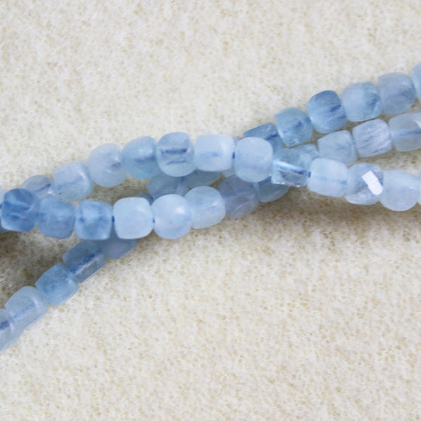 AA Natural Aquamarine Shaded Micro Cut Cube Beads 3.8-4mm - Full and Half Strand - March Birthstone