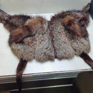 May include: A brown and grey raccoon fur pelt with the tail attached. The fur is soft and fluffy, and the pelt is in good condition.