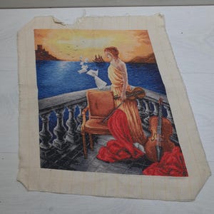 Vintage Handmade Gobelin of Sea View Woman Violin Musician Sunset Retro Beautiful Embroidery Needlepoint