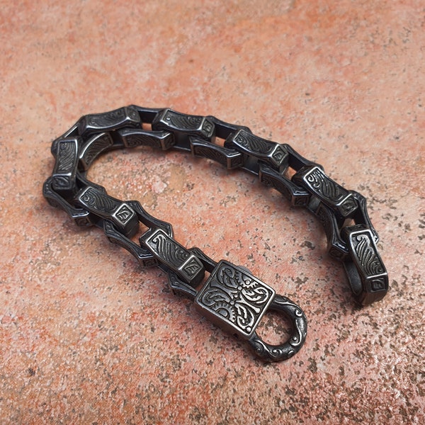 Vintage Collectible Handmade Heavy Metal Carved Mechanic Bracelet Heavy Duty Ragnar Viking Celtic