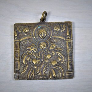 Antique Solid Brass Embossed Icon Virgin Mary Holding Christ & Guardian Angels