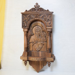 Vintage Hand-Carved Walnut Relief Wall Altar Icon Virgin Mary and Jesus Rila Monastery