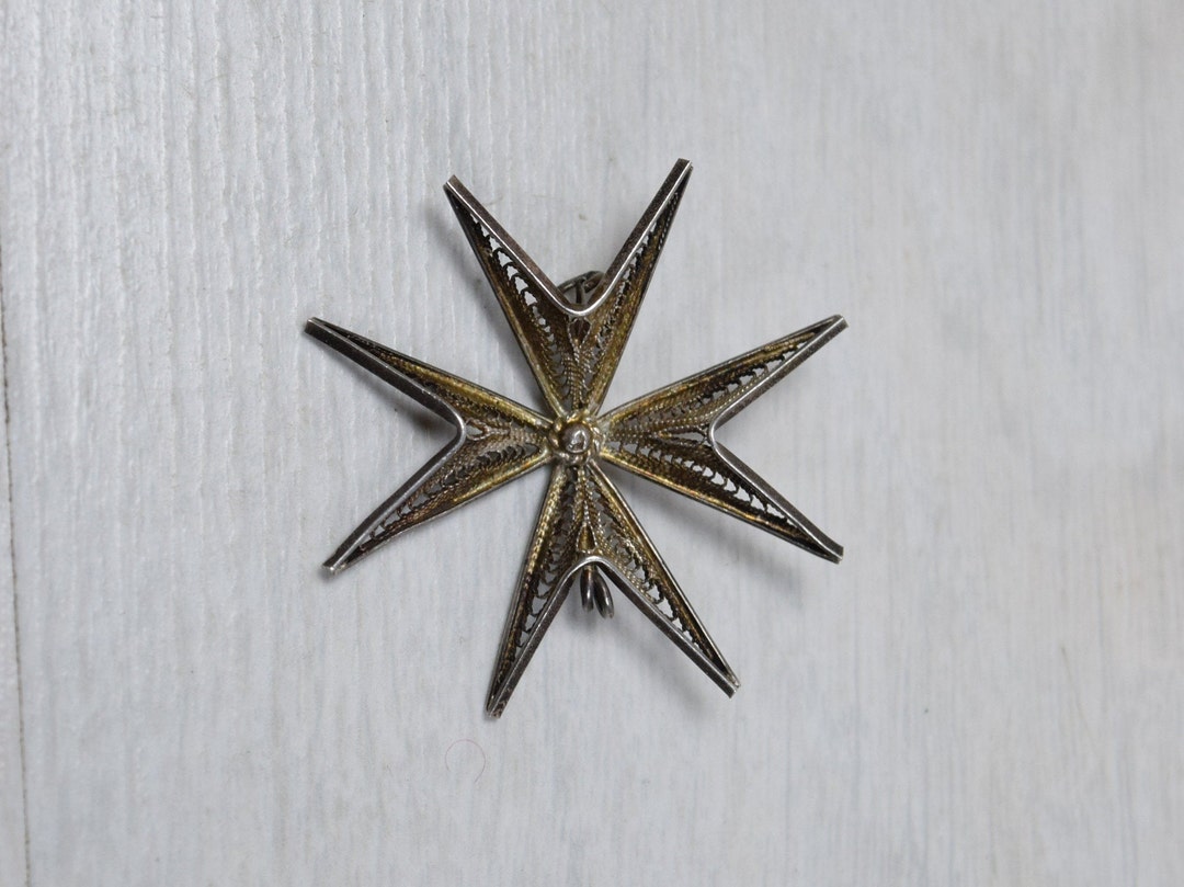 Vintage Sterling Silver Filigree Maltese Cross Brooch Pendant Pin Badge ...