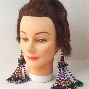 Antique Traditional Kuchi Beaded Tassels Beadwork Wedding Earrings Afghanistan Bead Work Ethic Beads