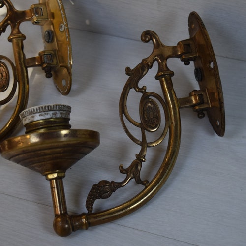 Two Art Nouveau shops Vintage Decorative Wall-hanging Lamps, Brass Flower Motive