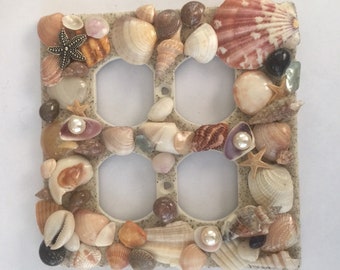 Beach Decor Handmade Plate 4 Outlet Electrical Switch Real Sea Shells Sea Glass Pearls