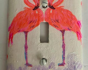 Beach Decor Single Switch Plate Light Outlet Electrical Pink Flamingos Handpainted Decoupage Textured