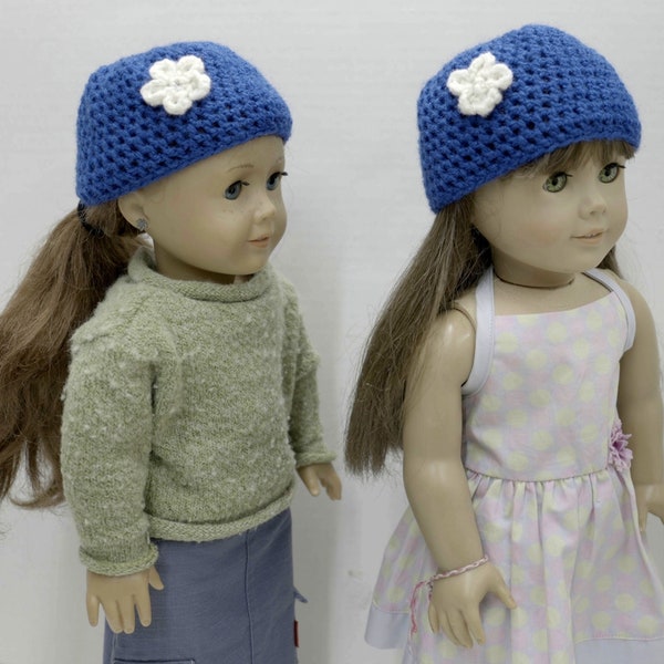 American Girl Beanie with Flower, Crochet Blue Beanie with White Flower, AG Beanie, Crochet Doll Clothes, Outfit Accessory, Summer Beanie
