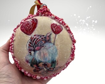 Handmade Valentine Gnome Ornament: Heart Love Decor (4 inch)