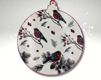 Decoupage Red Robin Wooden Ornament: Rustic Christmas Decor (10 inch)