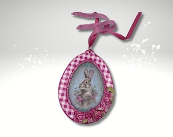 Decoupage Easter Egg Ornament: Floral Bunny, Pink Gingham Decor