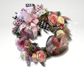 Handmade Pink Floral Grapevine Wreath: Romantic Heart Decor