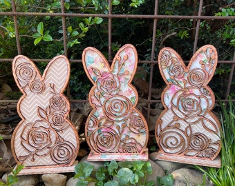 Decoupage Easter Bunny Decor: Floral Wooden Shelf Sitter