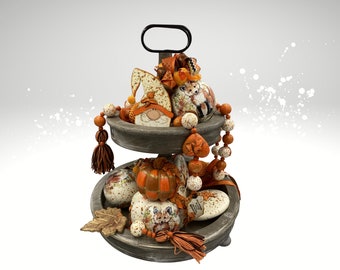 Rustic Fall Tiered Tray Decor: Fox Ornament, Plaid Pumpkin, Gnome Sign