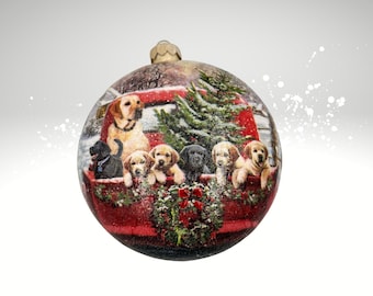 Labrador Christmas Ornament: Dog Family in Truck, Holiday Keepsake