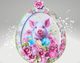 Wooden Easter Egg Decor, Piglet Spring Ornament, Floral Decoupage Wall Art, Farmhouse Easter Sign