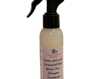 May include: A clear plastic bottle with a black spray nozzle. The bottle is labeled "Sired Naturals Hair & Body Onion Juice and Fermented Rice Water Pre-Shampoo Treatment Made Only With Organic Ingredients".