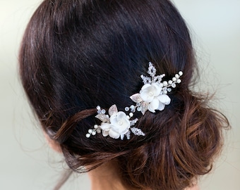 Ivory bridal hair pins White bridal flower hair pins Ivory Wedding hair pins Rhinestone hair pins Crystal hair pins Bridal floral hair pins