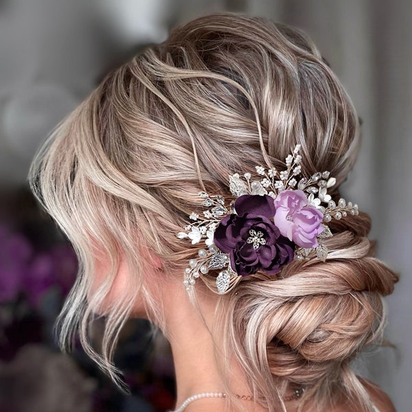 Peigne à cheveux de mariée violet avec cristaux et fleurs violettes Peigne à cheveux lilas violet pour les mariées de mariage Pince à cheveux lilas violet pour les mariées