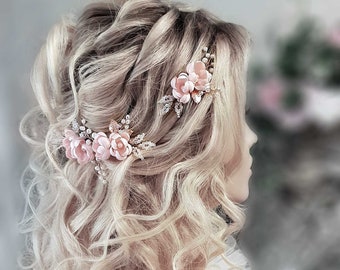 Rose Gold Wedding hair Pins Blush Bridal hairpins Blush Wedding hair piece Pink Bridal hairpiece Blush hair Flower Bridal Headpiece Pink pin