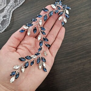 Navy Blue Bridal Hair Vine with Navy Blue Crystals Emerald GNavy Blue Crystal Headpiece for Wedding Brides Navy Blue Hair Vine for Brides image 1