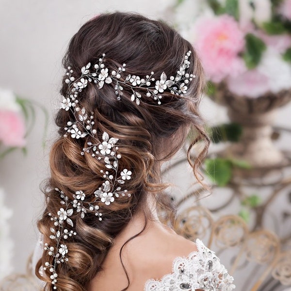 Bridal hair vine Long hair vine Wedding hair vine Flower hair vine Wedding headpiece Pearl hair vine Bridal hairpiece Crystal hair vine
