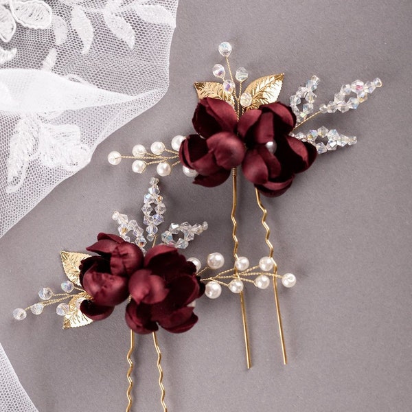 Burgundy silk flower hair pins Burgundy rosebud hair pin Burgundy Wedding Bridesmaid hair accessories Floral hair pins Dark red hair piece