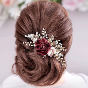 Burgundy Blush flower comb Burgundy wedding Maroon Flower comb Burgundy Floral Hair Comb Burgundy hair accessories Marsala Bridal Hair Comb