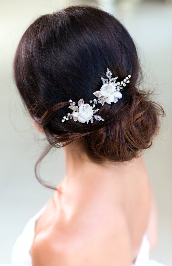 Ivory Bridal Hair Pins White Bridal Flower Hair Pins Ivory Etsy