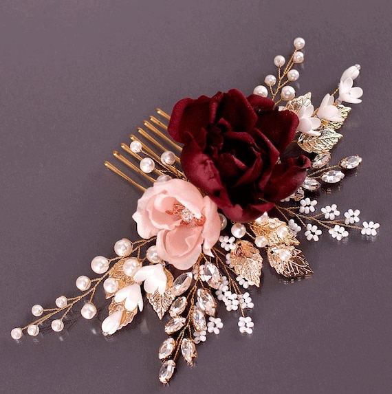 Burgundy Blush flower comb Burgundy wedding Maroon Flower comb Burgundy Floral Hair Comb Burgundy hair accessories Marsala Bridal Hair Comb