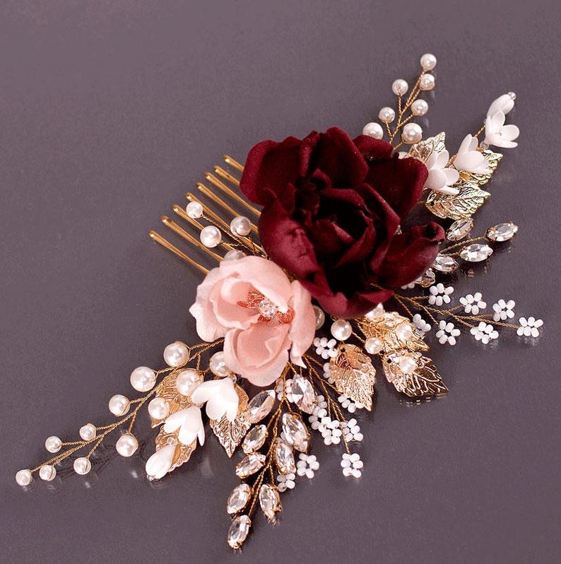 Burgundy Blush flower comb Burgundy wedding Maroon Flower comb Burgundy Floral Hair Comb Burgundy hair accessories Marsala Bridal Hair Comb image 1